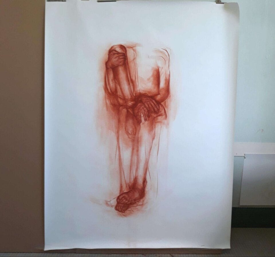 Vue d'atelier, F1 2021 Sanguine sur papier 150x180 cm