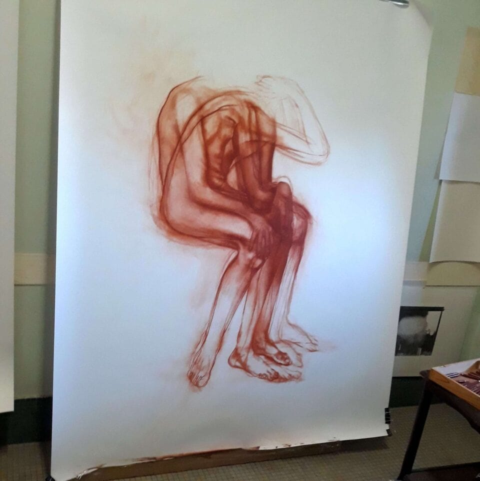 Vue d'atelier, F3 2021 Sanguine sur papier 150x180 cm